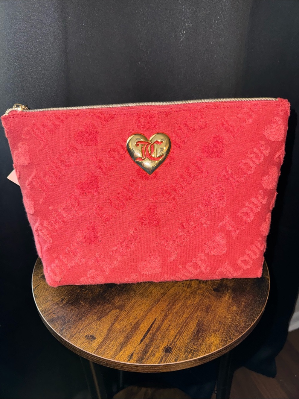 Juicy Couture Red Heart Terry Zip Cosmetic Pouch with Gold Accent